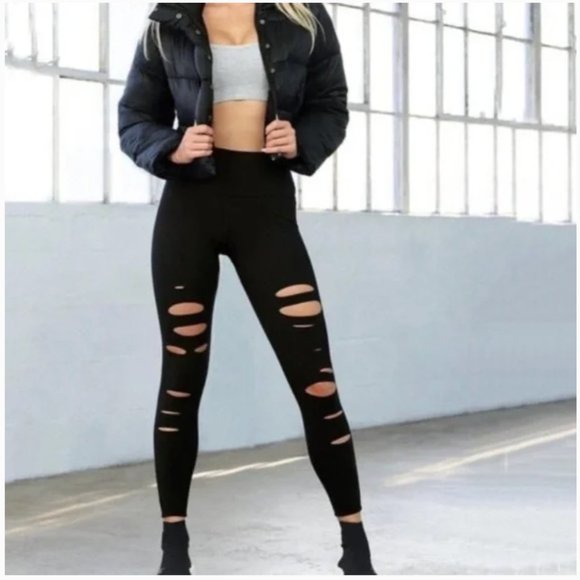 Alo Yoga High Waist Ripped Warrior Leggings Black S - Picture 3 of 16